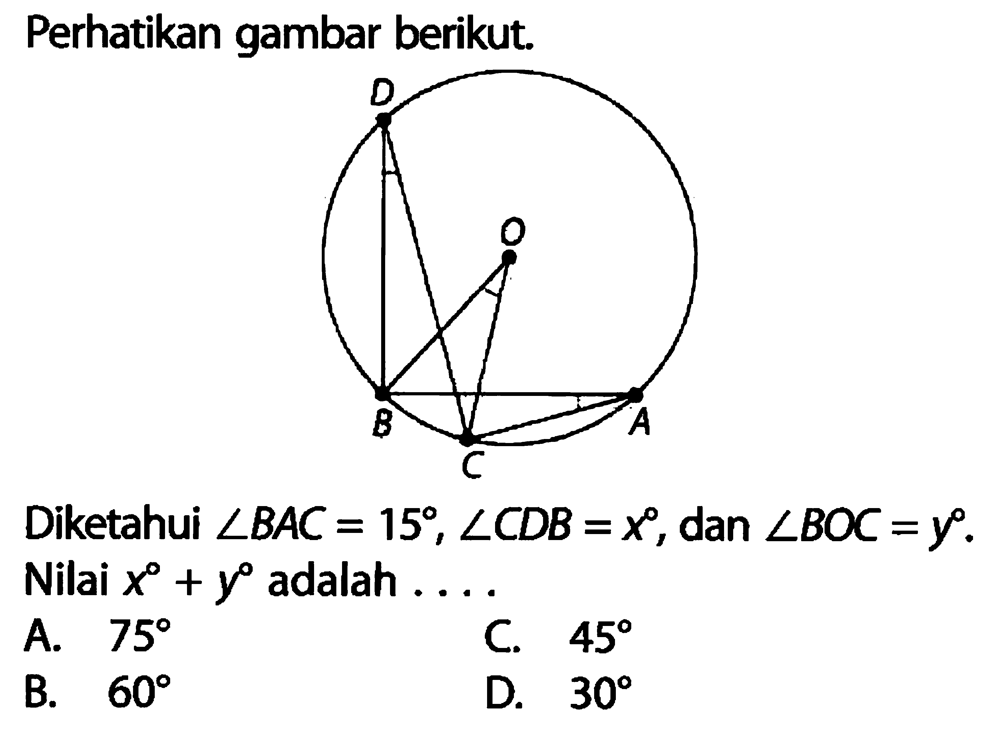 Perhatikan gambar berikut. D O B C A  Diketahui sudut BAC=15, sudut CDB=x, dan sudut BOC=y. Nilai x^0+y^0 adalah ... A. 75 B. 60 C. 45 D. 30 