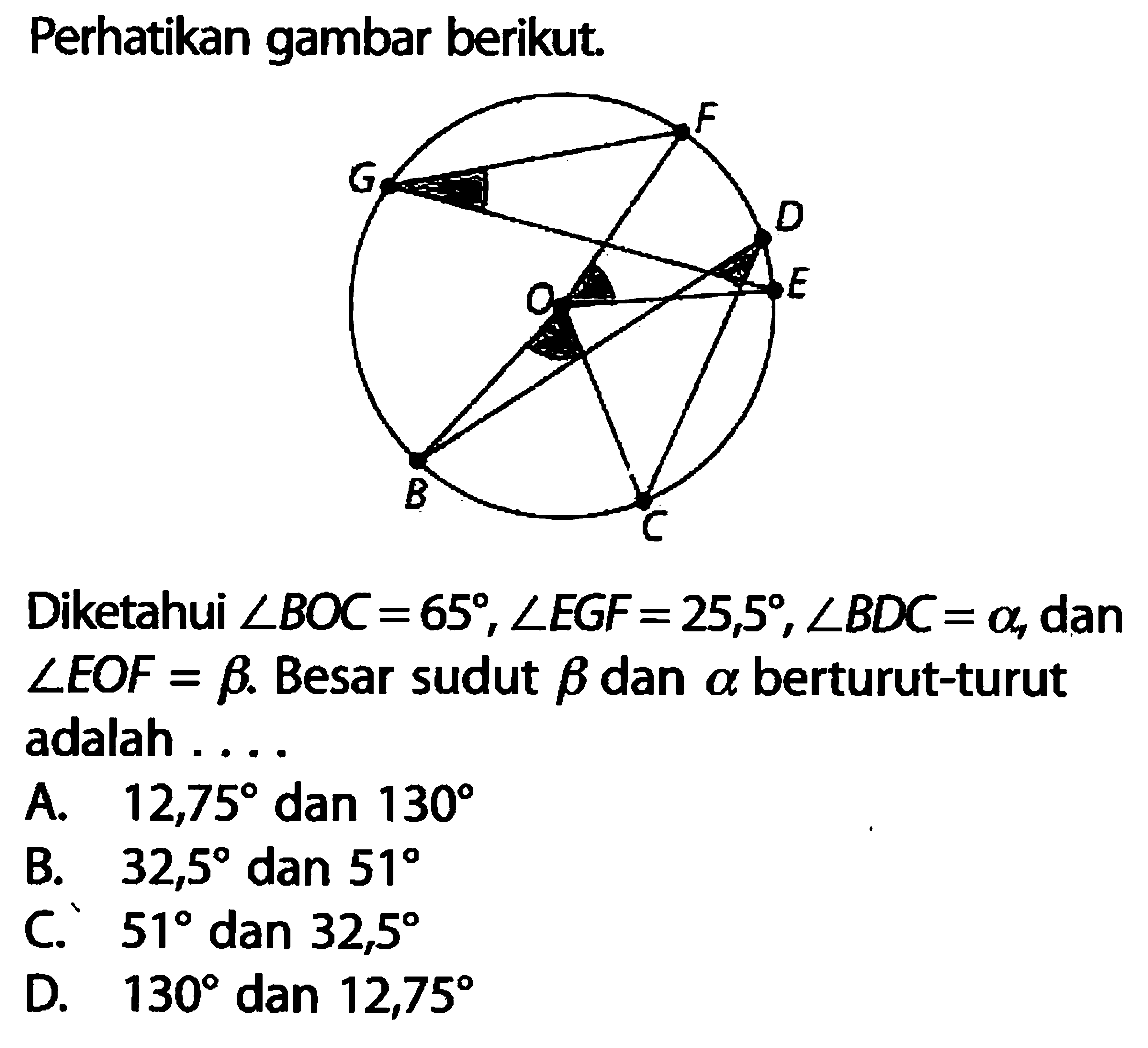 Perhatikan gambar berikut.G F D O E B CDiketahui  sudut BOC=65, sudut EGF=25,5, sudut BDC=a , dan  sudut EOF=b .  Besar sudut  b  dan  a  berturut-turut adalah ....