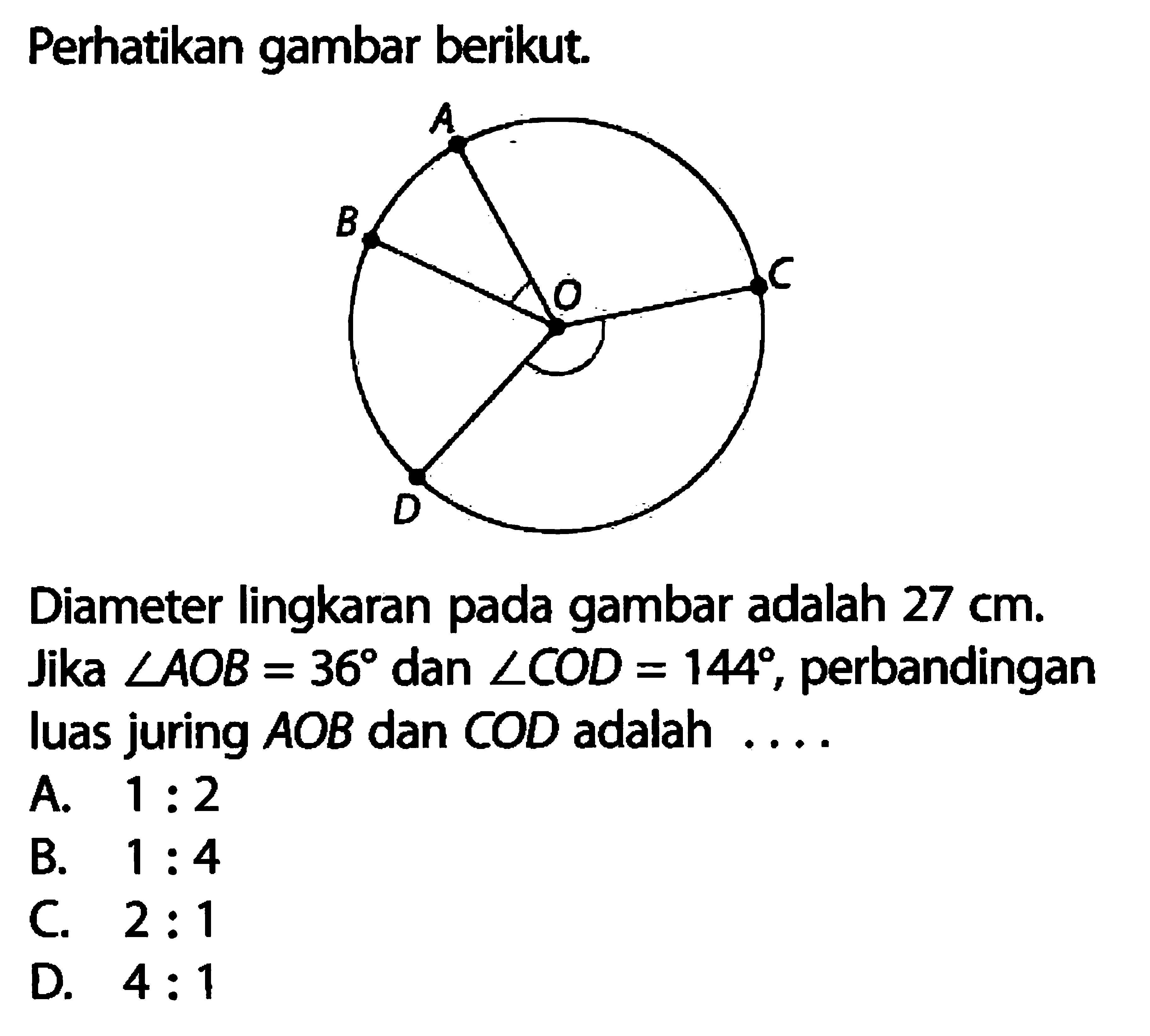 Perhatikan gambar berikut. Diameter lingkaran pada gambar adalah 27 cm. Jika sudut AOB=36 dan sudut COD=144, perbandingan luas juring AOB dan CO adalah  .... 