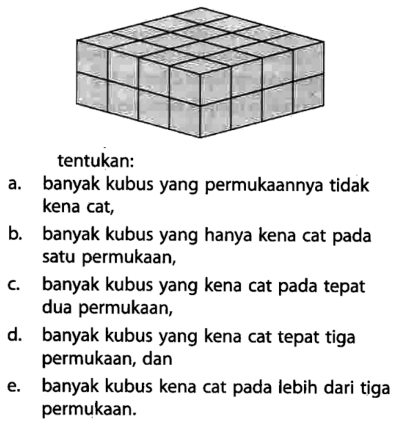 tentukan:a. banyak kubus yang permukaannya tidak kena cat,b. banyak kubus yang hanya kena cat pada satu permukaan,c. banyak kubus yang kena cat pada tepat dua permukaan,d. banyak kubus yang kena cat tepat tiga permukaan, dane. banyak kubus kena cat pada lebih dari tiga permukaan.