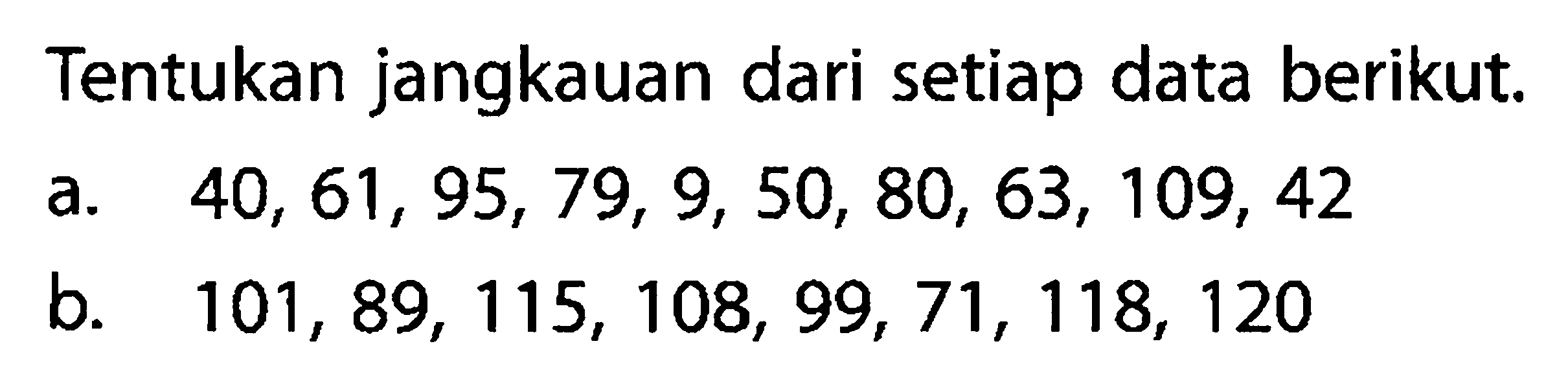 Tentukan jangkauan dari setiap data berikut.a.  40,61,95,79,9,50,80,63,109,42 b.  101,89,115,108,99,71,118,120 