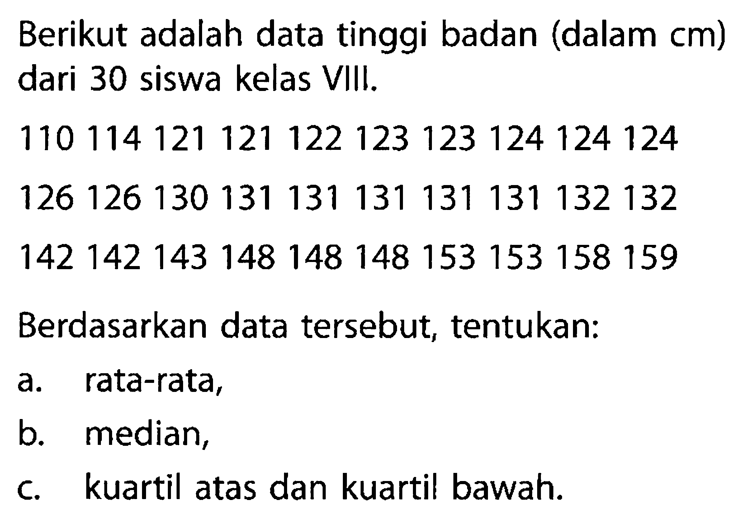 Berikut adalah data tinggi badan (dalam cm) dari 30 siswa kelas VIII.110114121121122123123124124124126126130131131131131131132132142142143148148148153153158159Berdasarkan data tersebut, tentukan:a. rata-rata,b. median,c. kuartil atas dan kuartil bawah.