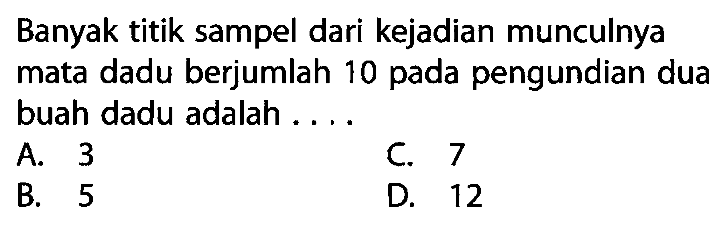 Banyak titik sampel dari kejadian munculnya mata dadu berjumlah 10 pada pengundian dua buah dadu adalah ....