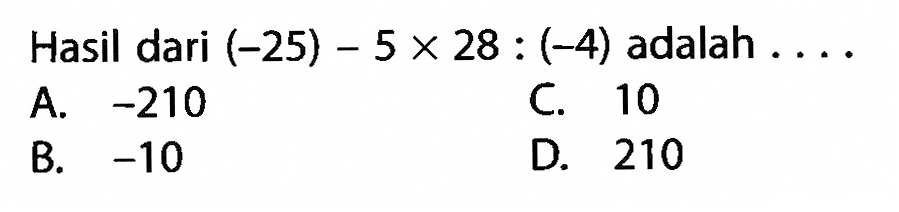 Hasil dari (-25) - 5 x 28 : (-4) adalah ....