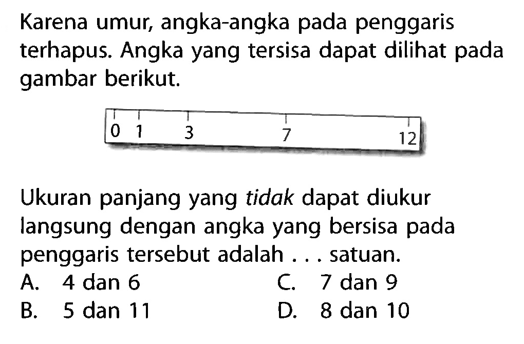 Karena umur, angka-angka pada penggaris terhapus. Angka yang tersisa dapat dilihat pada gambar berikut. Ukuran panjang yang tidak dapat diukur langsung dengan angka yang bersisa pada penggaris tersebut adalah ... satuan.