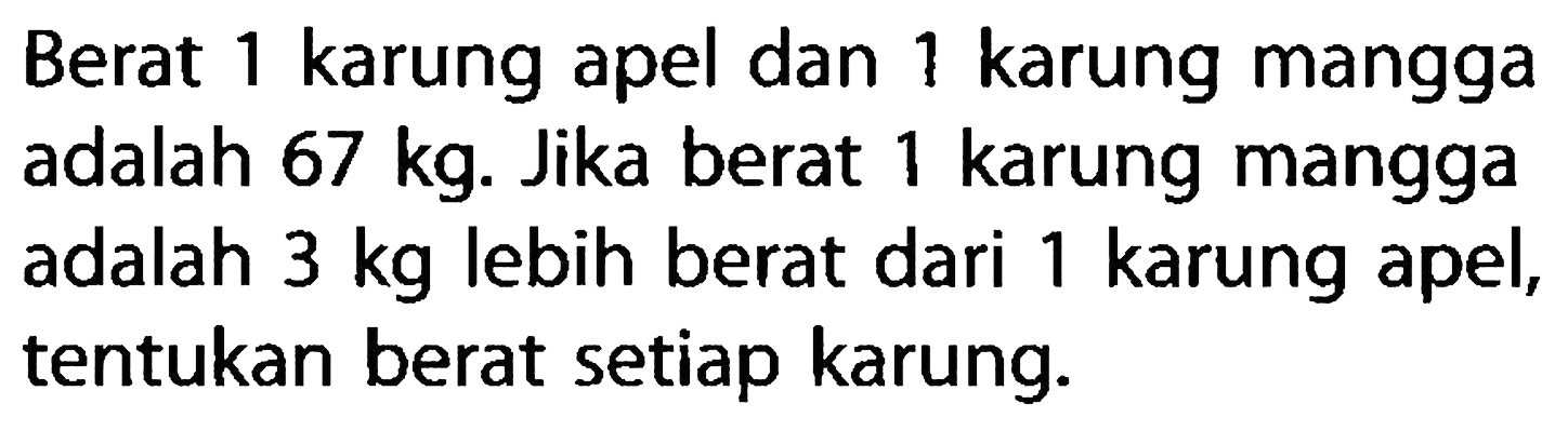 Berat 1 karung apel dan 1 karung mangga adalah 67 kg. Jika berat 1 karung mangga adalah 3 kg lebih berat dari 1 karung apel, tentukan berat setiap karung.