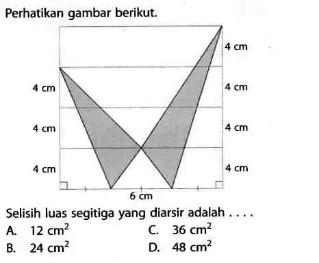 Perhatikan gambar berikut.4 cm 4 cm 4 cm 4 cm 4 cm 4 cm 4 cm 6 cmSelisih luas segitiga yang diarsir adalah ....