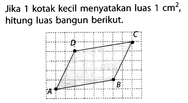 Jika 1 kotak kecil menyatakan luas  1 cm^2 , hitung luas bangun berikut.