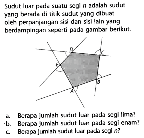 Sudut luar pada suatu segi n adalah sudut yang berada di titik sudut yang dibuat oleh perpanjangan sisi dan sisi lain yang berdampingan seperti pada gambar berikut.
a. Berapa jumlah sudut luar pada segi lima?
b. Berapa jumlah sudut luar pada segi enam?
c. Berapa jumlah sudut luar pada segi n ?
ABCDE