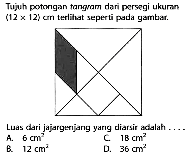 Tujuh potongan tangram dari persegi ukuran (12 x 12) cm terlihat seperti pada gambar.Luas dari jajargenjang yang diarsir adalah ....