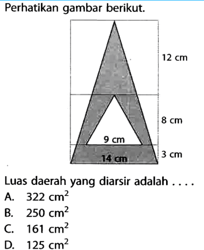 Perhatikan gambar berikut. 12 cm 9 cm 8 cm 14 cm 3 cm Luas daerah yang diarsir adalah .... A. 322 cm^2 B. 250 cm^2 C. 161 cm^2 D. 125 cm^2