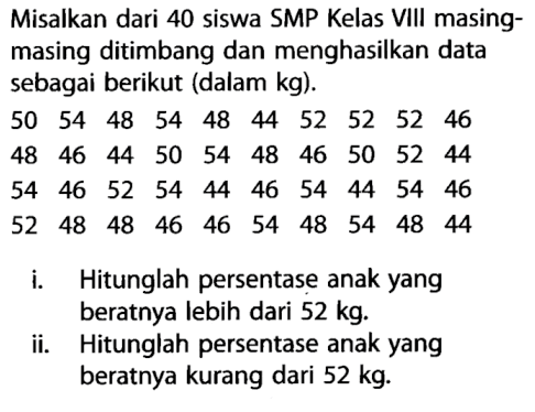 Misalkan dari 40 siswa SMP Kelas VIII masing-masing ditimbang dan menghasilkan data sebagai berikut (dalam kg). 50 54 48 54 48 44 52 52 52 46  48 46 44 50 54 48 46 50 52 44  54 46 52 54 44 46 54 44 54 46  52 48 48 46 46 54 48 54 48 44 i. Hitunglah persentase anak yang beratnya lebih dari  52 kg ii. Hitunglah persentase anak yang beratnya kurang dari 52 kg .