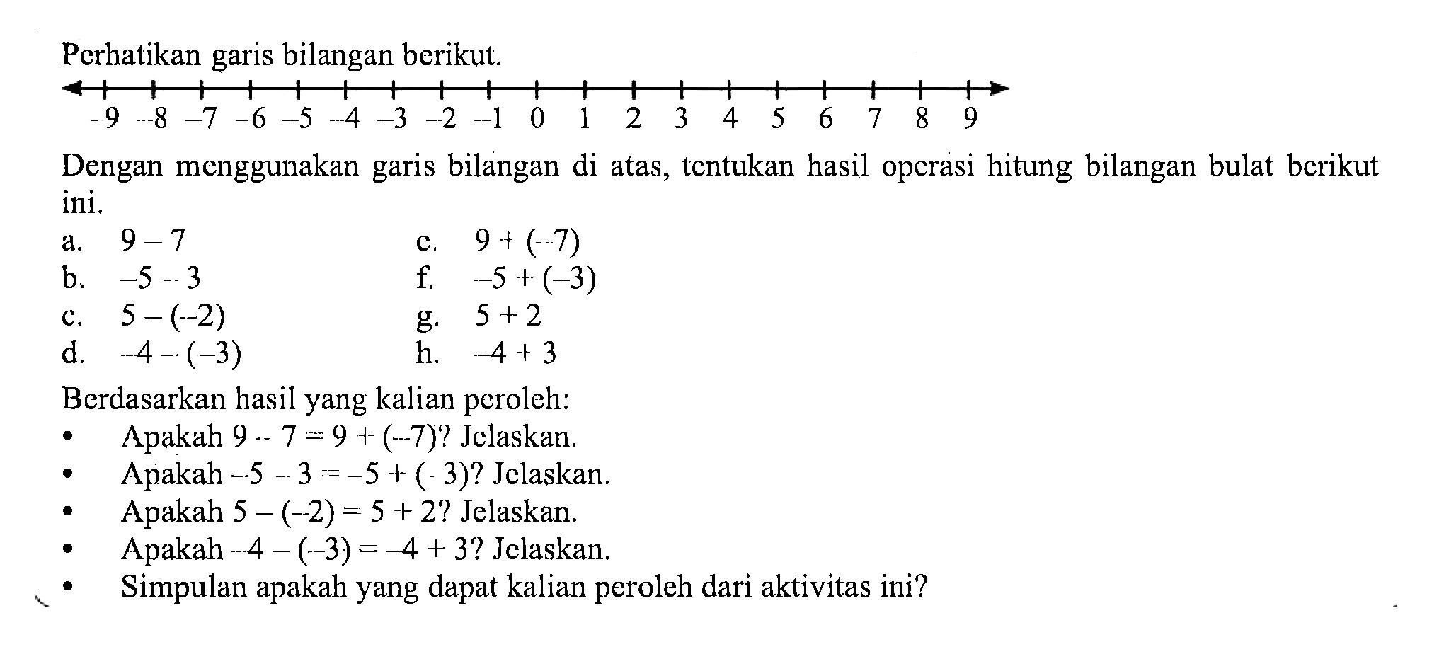 Perhatikan garis bilangan berikut. -9 -8 -7 -6 -5 -4 -3 -2 -1 0 1 2 3 4 5 6 7 8 9 Dengan menggunakan bilangan di atas, tentukan hasil operasi hitung bilangan bulat berikut ini. a. 9 - 7 c. 9 + (-7) b. -5 - 3 f. 55 + (-3) c. 5 - (-2) g. 5 + 2 d. -4 - (-3) h. -4 + 3 Berdasarkan hasil yang kalian pcroleh: Apakah 9 - 7 = 9 + (-7)? Jelaskan. Apakah -5 - 3 =-5 + (-3)? Jelaskan. Apakah 5 - (-2) = 5 + 2? Jelaskan. Apakah -4 - (-3) = -4 + 32 Jelaskan. Simpulan apakah yang dapat kalian peroleh dari aktivitas ini?