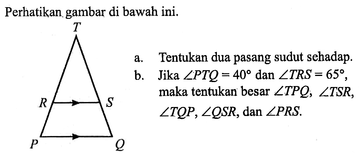 Perhatikan gambar di bawah ini.Segitiga PQT, garis RS // garis PQ.a. Tentukan dua pasang sudut sehadap. b. Jika sudut PTQ = 40 dan sudut TRS = 65, maka tentukan besar sudut TPQ, sudut TSR, sudut TQP, sudut QSR, dan sudut PRS .