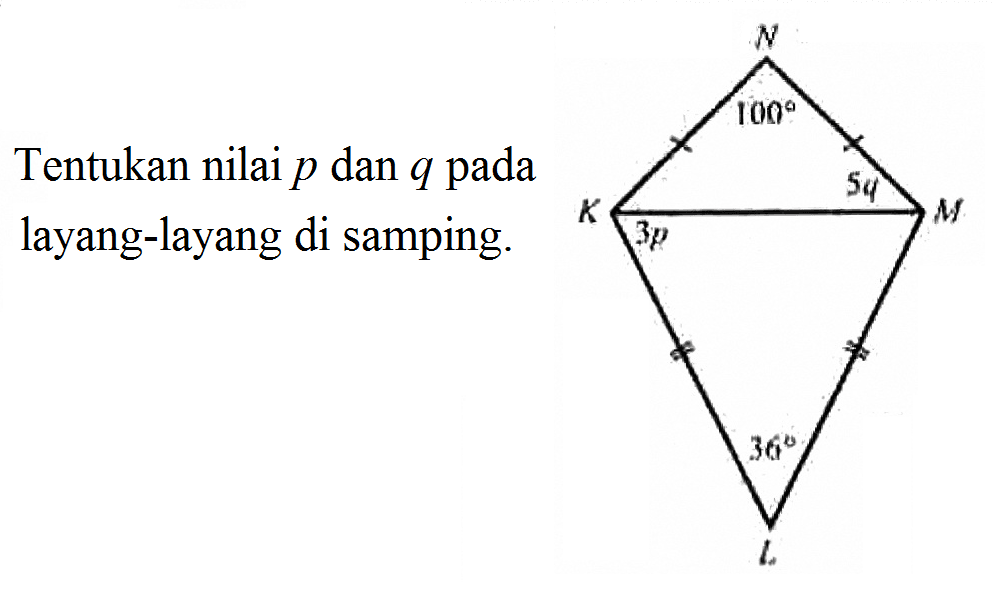 Tentukan nilai p  dan q pada layang-layang di samping. KLMN 100 5q 3p 36 