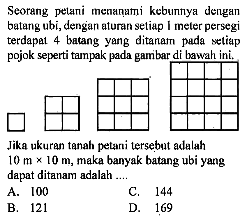 Seorang petani menanami kebunnya dengan batang ubi, dengan aturan setiap 1 meter persegi terdapat 4 batang yang ditanam pada setiap pojok seperti tampak pada gambar di bawah ini. Jika ukuran tanah petani tersebut adalah 10 m x 10 m, maka banyak batang ubi yang dapat ditanam adalah .... 