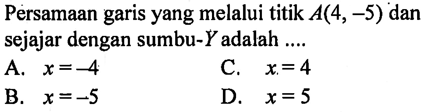 Persamaan garis yang melalui titik A(4, -5) dan sejajar dengan sumbu-Y adalah ....