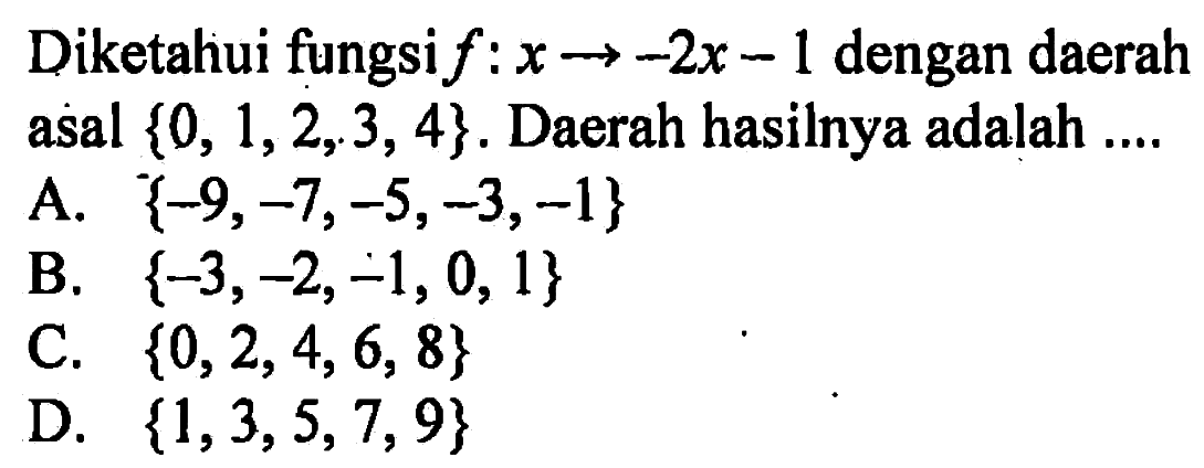 Diketahui fungsi f : x -> -2x - 1 dengan daerah asal {0, 1,2,3, 4}. Daerah hasilnya adalah