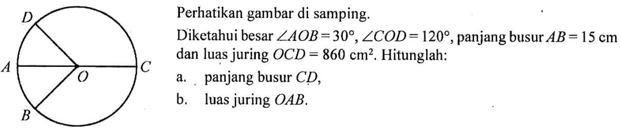 Perhatikan gambar di samping. D A B O C Diketahui besar sudut AOB=30, sudut COD=120, panjang busur AB=15 cm dan luas juring OCD=860 cm^2. Hitunglah: a. panjang busur CD, b. luas juring OAB. 