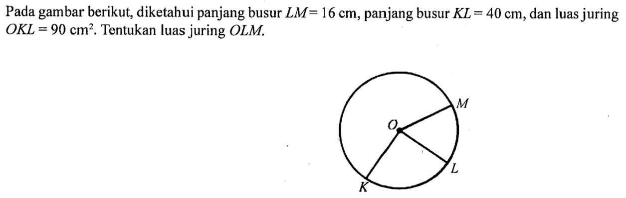 Pada gambar berikut, diketahui panjang busur LM=16 cm, panjang busur KL=40 cm, dan luas juring OKL=90 cm^2. Tentukan luas juring OLM. O M L K 