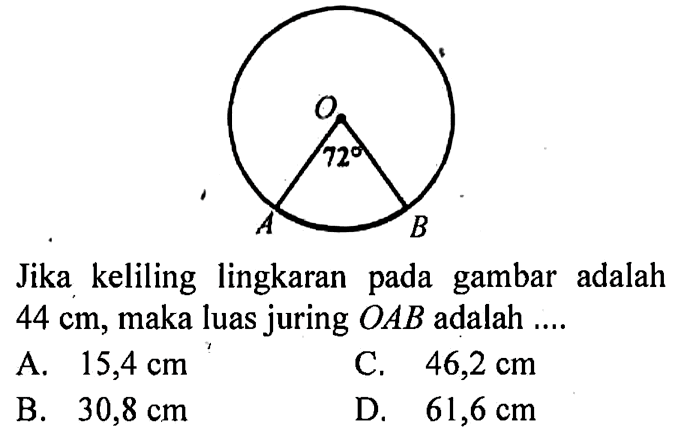 Jika keliling lingkaran pada gambar adalah 44 cm, maka luas juring OAB adalah.... A. 15,4 cm B. 30,8 cm C. 46,2 cm D. 61,6 cm