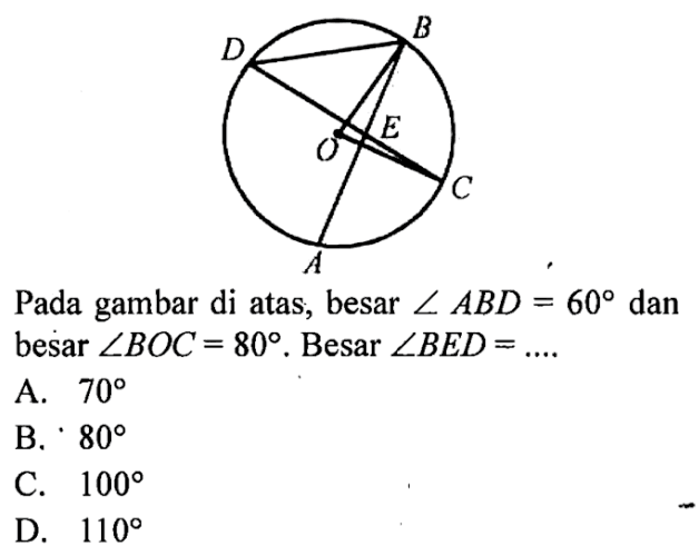 Lingkaran dengan titik pusat O dan terdapat titik A, B, C, D di sisi lingkaranPada gambar di atas, besar sudut ABD = 60 dan besar sudut BOC = 80. Besar sudut BED= .... .