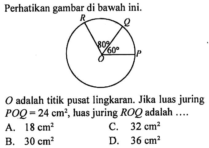 Perhatikan gambar di bawah ini. 80 60 O adalah titik pusat lingkaran. Jika luas juring POQ=24 cm^2, luas juring ROQ adalah .... A. 18 cm^2 C. 32 cm^2 B. 30 cm^2 D. 36 cm^2