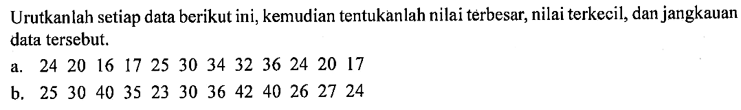 Urutkanlah setiap data berikut ini, kemudian tentukanlah nilai terbesar, nilai terkecil, dan jangkauan data tersebut. a. 24 20 16 17 25 30 34 32 36 24 20 17 b. 25 30 40 35 23 30 36 42 40 26 27 24 