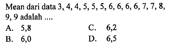 Mean dari data  3,4,4,5,5,5,6,6,6,6,7,7,8 , 9,9 adalah ....