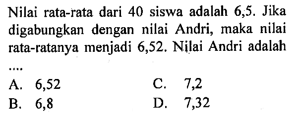 Nilai rata-rata dari 40 siswa adalah 6,5. Jika digabungkan dengan nilai Andri, maka nilai rata-ratanya menjadi 6,52. Nilai Andri adalah ...