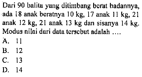 Dari 90 balita yang ditimbang berat badannya, ada 18 anak beratnya 10 kg, 17 anak beratnya 11 kg, 21 anak 12 kg, 21 anak 13 kg dan sisanya 14 kg. Modus nilai dari data tersebut adalah .....