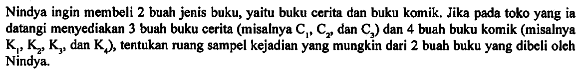 Nindya ingin membeli 2 buah jenis buku, yaitu buku cerita dan buku komik. Jika pada toko yang ia datangi menyediakan 3 buah buku cerita (misalnya C1, C2, dan C3) dan 4 buah buku komik (misalnya K1, K2, K3, dan K4), tentukan ruang sampel kejadian yang mungkin dari 2 buah buku yang dibeli oleh Nindya.