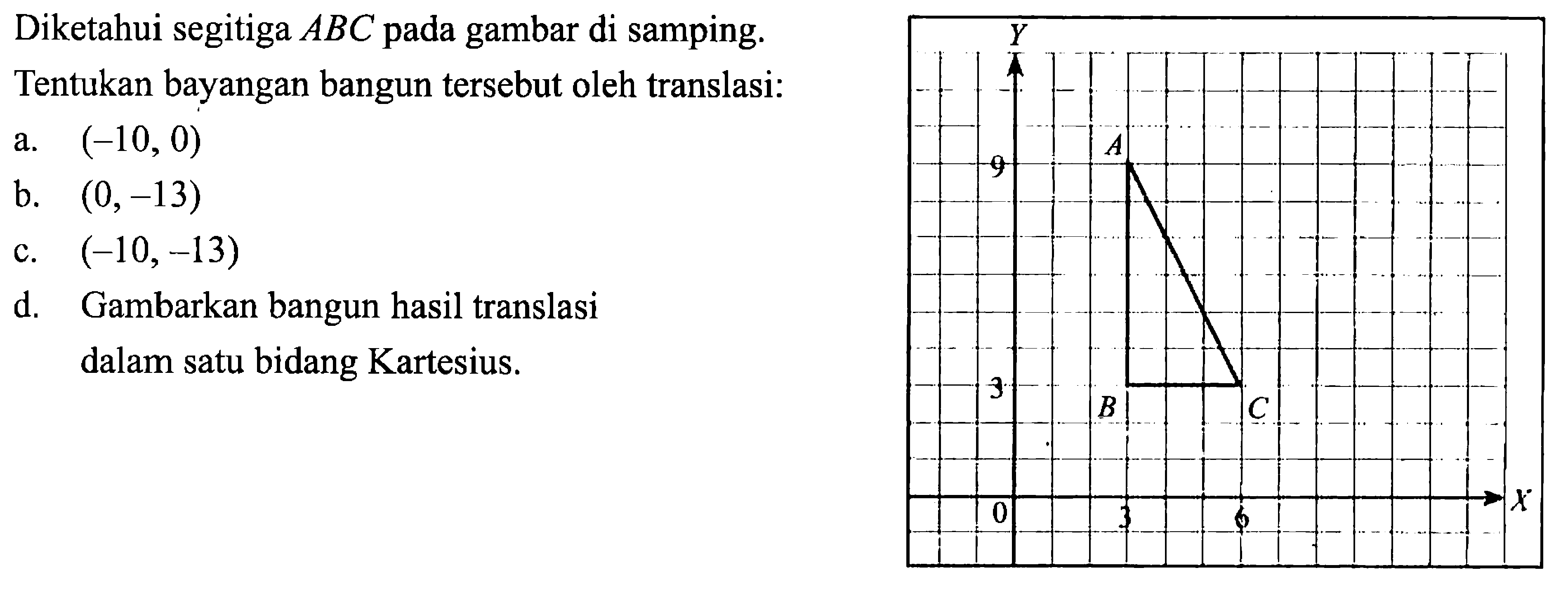 Diketahui segitiga ABC pada gambar di samping.Tentukan bayangan bangun tersebut oleh translasi:a. (-10,0) b. (0,-13) c. (-10,-13) d. Gambarkan bangun hasil translasi dalam satu bidang Kartesius.