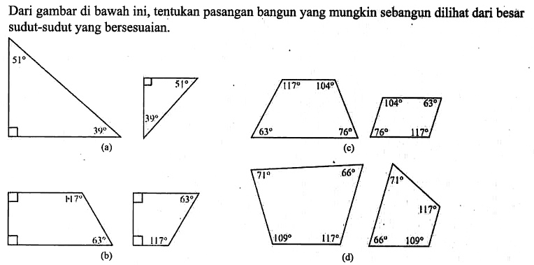 Dari gambar di bawah ini, tentukan pasangan bangun yang mungkin sebangun dili dari besar sudut-sudut yang bersesuaian.(a)(c)(b)(d)