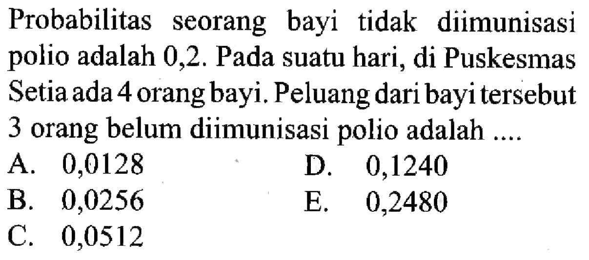 Probabilitas seorang bayi tidak diimunisasi polio adalah 0,2. Pada suatu hari, di Puskesmas Setia ada 4 orang bayi. Peluang dari bayi tersebut 3 orang belum diimunisasi polio adalah ....