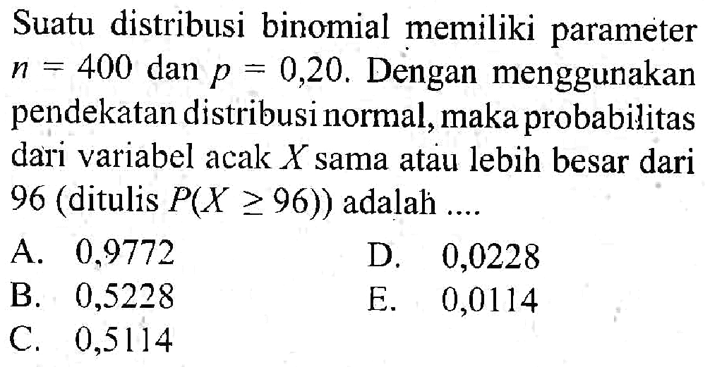 Suatu distribusi binomial memiliki parameter n=400 dan p=0,20. Dengan menggunakan pendekatan distribusi normal, maka probabilitas dari variabel acak X sama atau lebih besar dari 96 (ditulis P(X >= 96)) adalah....