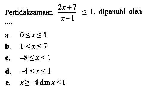 Pertidaksamaan (2x+7)/(x-1)<=1, dipenuhi oleh ....