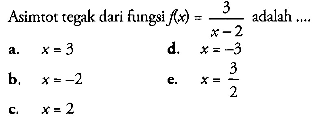 Asimtot tegak dari fungsi  f(x)=3/(x-2)  adalah ....