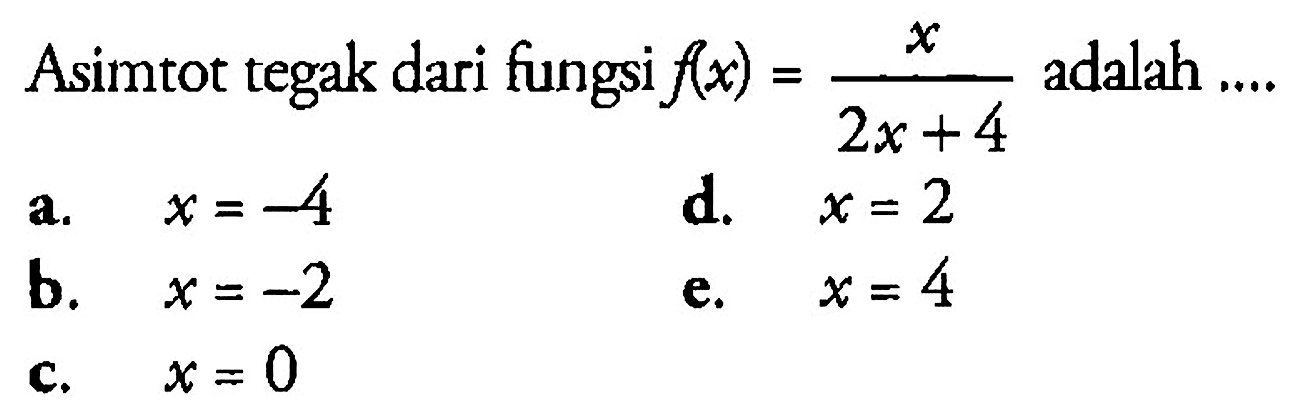 Asimtot tegak dari fungsi  f(x)=x/(2x+4)  adalah ....a.  x=-4 d.  x=2 b.  x=-2 e.  x=4 c.  x=0 