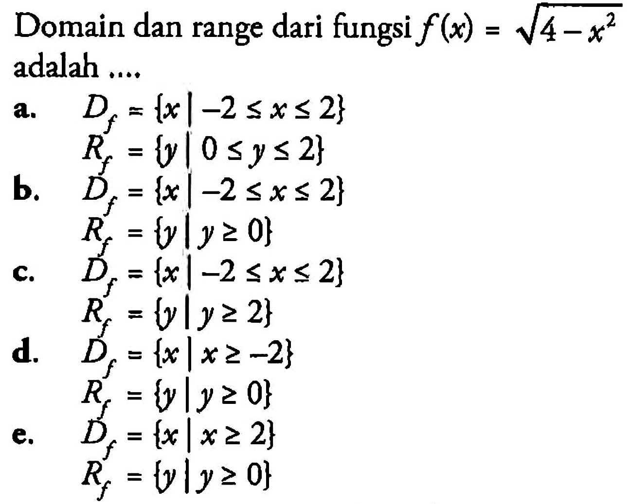 Domain dan range dari fungsi f(x)=akar(4-x^2) adalah ....
