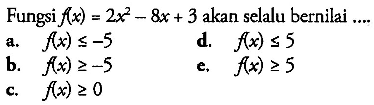 Fungsi f(x)=2x^2-8x+3 akan selalu bernilai ....
