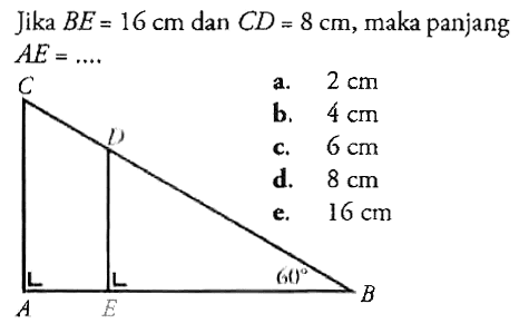 Jika  BE=16 cm  dan  CD=8 cm , maka panjang  AE=... C D A E B 60