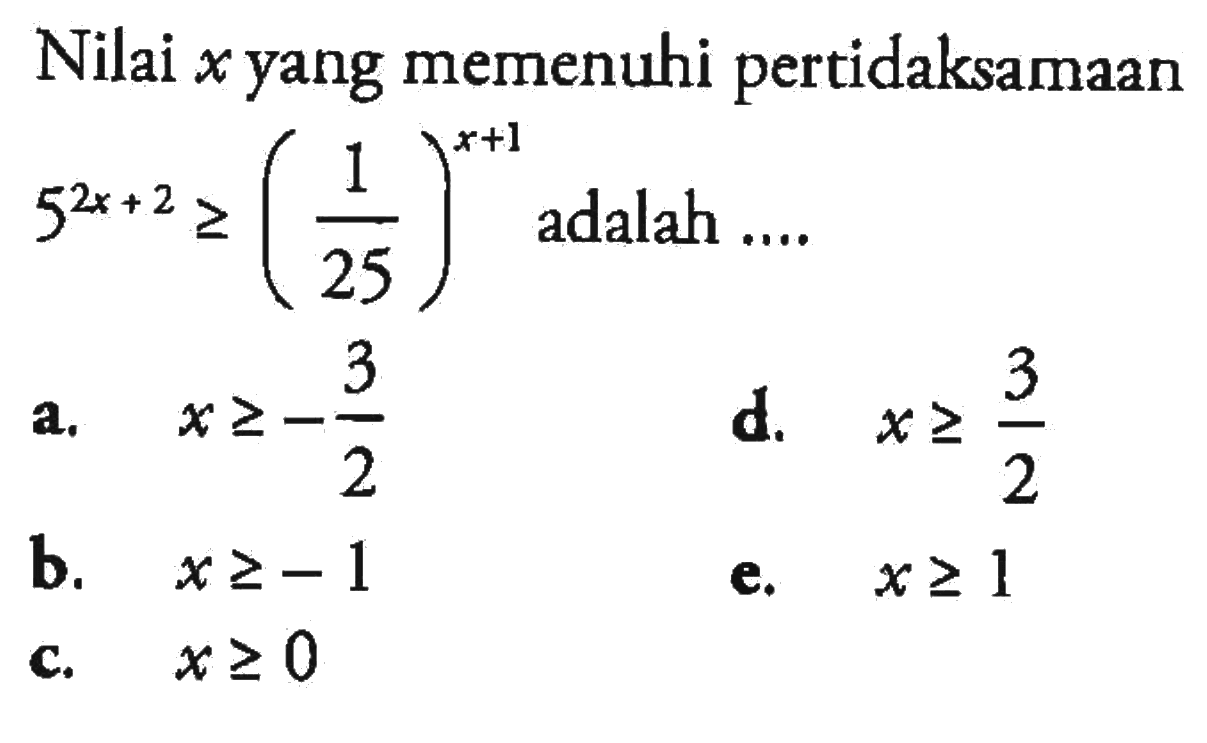 Nilai x yang memenuhi pertidaksamaan 5^2x+2>=(1/25)^x+1 adalah.... 