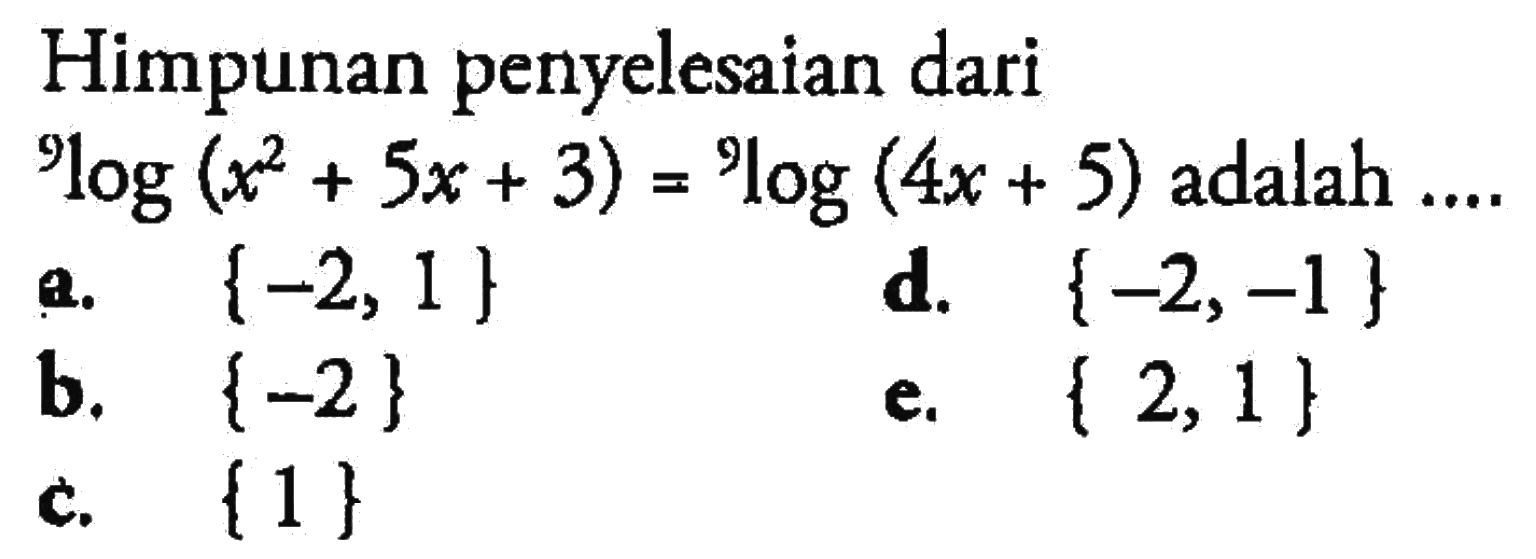 Himpunan penyelesaian dari 9log(x^2+5x+3)=9log(4x+5) adalah .....