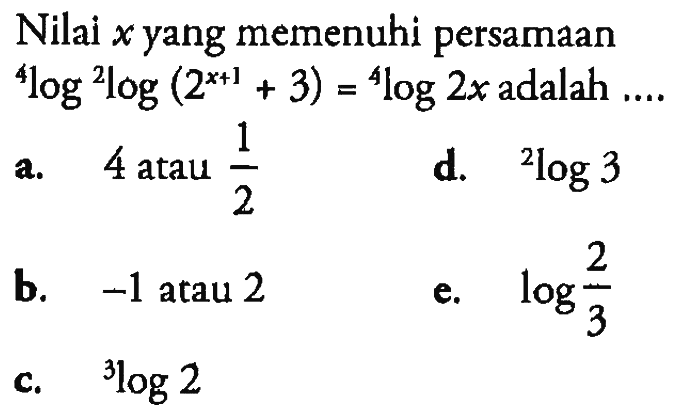 Nilai x yang memenuhi persamaan 4log2log(2^(x+1)+3)=4log2x adalah ....