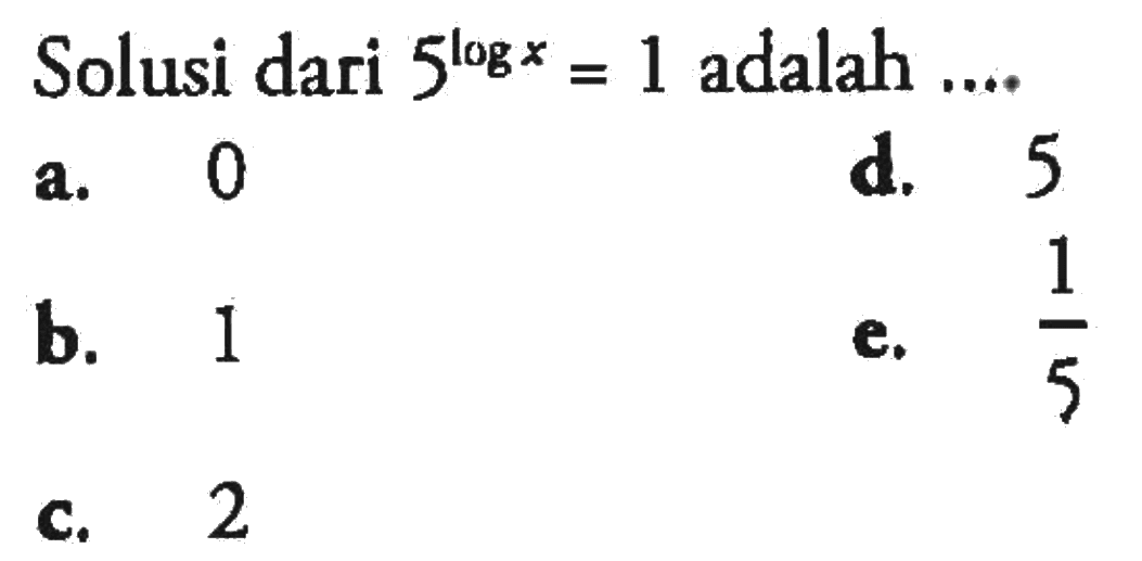 Solusi dari 5^logx=1 adalah ....