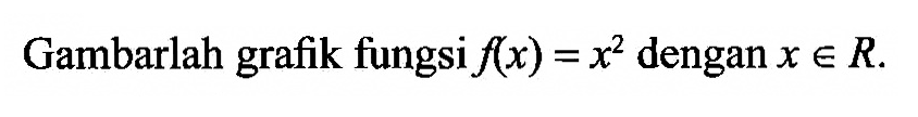 Gambarlah grafik fungsi f(x)=x^2 dengan x e R. 