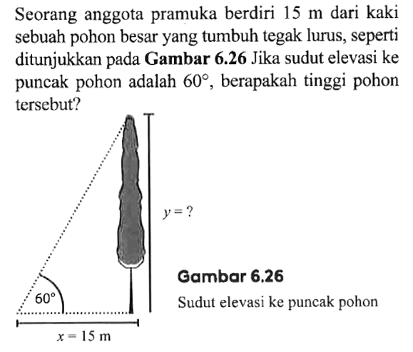 Seorang anggota pramuka berdiri 15 m dari kaki sebuah pohon besar yang tumbuh tegak lurus, seperti ditunjukkan pada Gambar 6.26 Jika sudut elevasi ke puncak pohon adalah 60, berapakah tinggi pohon tersebut? y=? 60 x=15 m