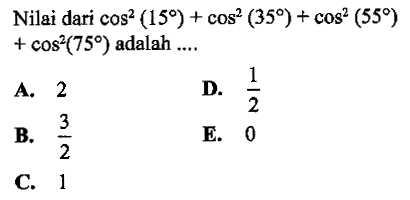 Nilai dari cos^2 (15)+cos^2 (35)+ cos^2 (55)+ cos^2 (75) adalah 