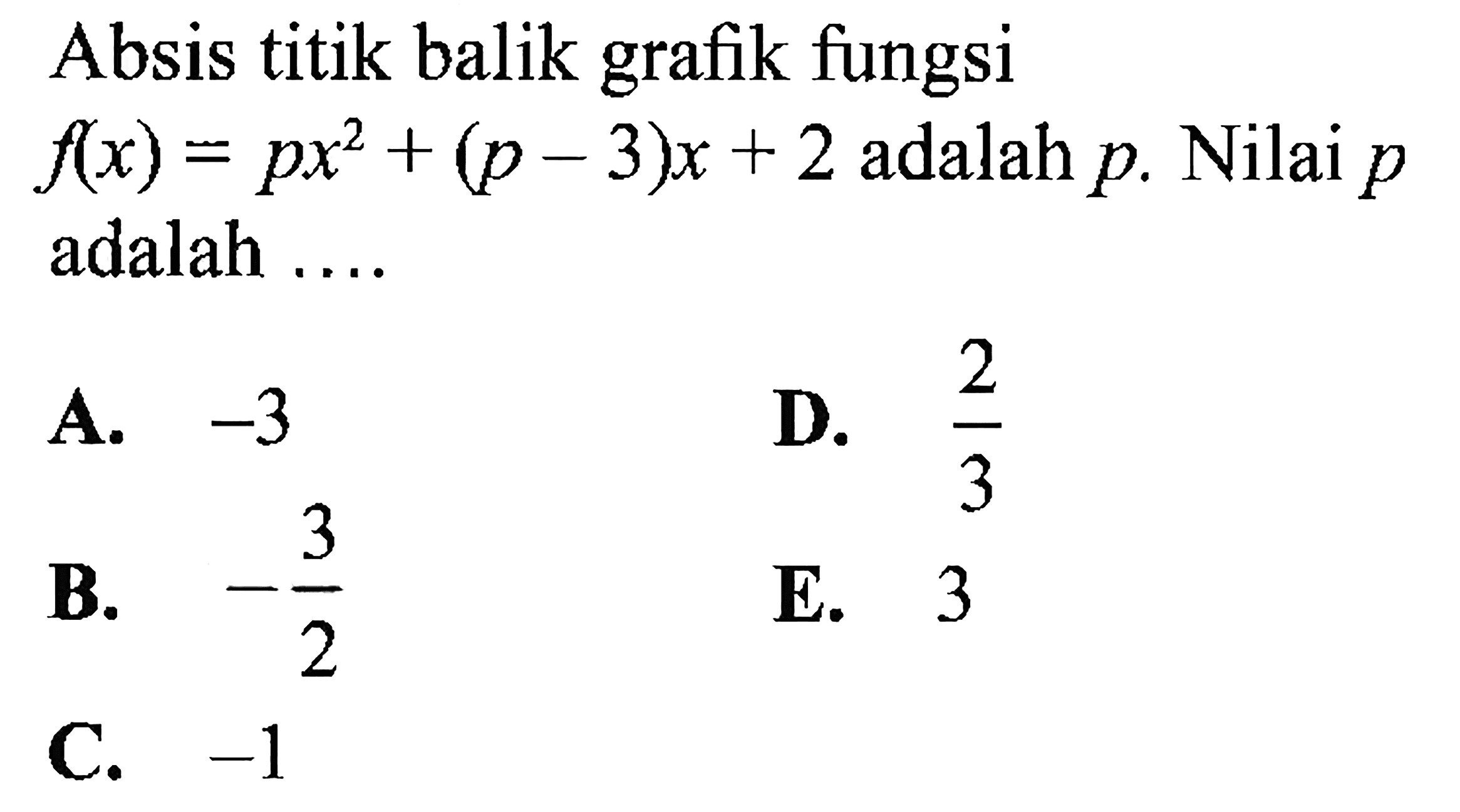 Absis titik balik grafik fungsi f(x)=px^2+(p-3)x+2 adalah p. Nilai p adalah ....